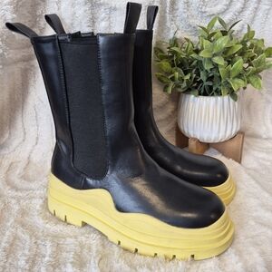 Unilady Combat Boots Rubber Lug-Sole Chelsea Boots Black/Yellow Women's Size 9